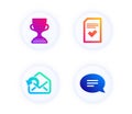 Checked file, Send mail and Award cup icons set. Chat sign. Correct document, Sent message, Trophy. Vector
