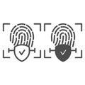 Checked fingerprint line and glyph icon. Finger identification approved vector illustration isolated on white. Check