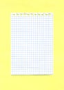 Checked paper sheet torn out of a spiral notebook isolated on yellow. Minimalistic mockup with copy space