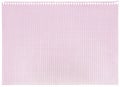 Checked spiral notebook page paper background, old aged isolated pink chequered ring binder sheet flat lay A4 copy space