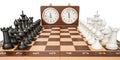 Checkerboard with figures and chess clock, 3D rendering