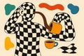 Checkerboard pattern surrealism art with distorted figure and teapot Royalty Free Stock Photo