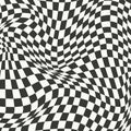 Checkerboard wavy pattern. Abstract chess square print. Black and white psychedelic optical illusion. Warped flag with