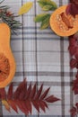 checkered beige autumn background with edible cut pumpkin and crimson yellow leaves