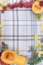 checkered beige autumn background with edible cut pumpkin and crimson yellow leaves