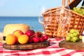 Checkered blanket with picnic basket and products on sunny Royalty Free Stock Photo