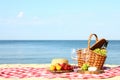 Checkered blanket with picnic basket and products on beach. Space for text