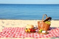 Checkered blanket with picnic basket and products on sunny beach