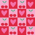 Checkered cherries with pink hearts seamless pattern. For fabric, valentines day print and textile