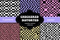 Checkered distorted seamless pattern set. Abstract black and white checkered background collection. psychedelic trippy Royalty Free Stock Photo