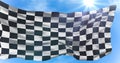 Checkered flag, end race background, formula one competition under sun rays light