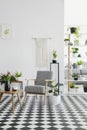 Checkered floor in a retro living room interior with white walls, plants, armchair and coffee table. Real photo