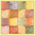 Checkered fluffy mat, rug, plaid, cover with grunge wavy woven colorful elements and decorative frame