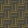 Checkered gold 3d vector seamless pattern. Striped background. Greek repeat geometric backdrop. Abstract chequered greek key