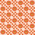 Checkered Smiley orange flowers seamless pattern with little squares