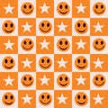 Checkered Orange smiley Faces with white stars seamless pattern.