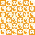 Checkered happy smiley faces with Ying yang symbol seamless pattern on white and orange checkerboards Royalty Free Stock Photo