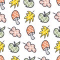 Checkered mushrooms, apples and leaves seamless pattern. Autumn print for tee, paper, fabric, textile. Hand drawn vector Royalty Free Stock Photo