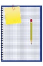 Checkered notebook with note, paper clip and pen Royalty Free Stock Photo