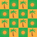 Checkered orange sun and green palm trees seamless pattern.