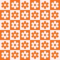 Checkered orange and white retro flowers seamless pattern