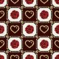 Checkered pattern with jewelry chains, red roses