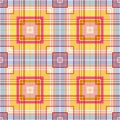 Checkered pattern of yellow and pink squares, blue background. Seamless print, bright summer texture Royalty Free Stock Photo