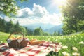 A checkered picnic blanket laid out in a sunny meadow, with a basket of food placed on it, A picnic in a sunny meadow with a Royalty Free Stock Photo