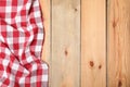 Checkered picnic blanket on wooden background. Space for text Royalty Free Stock Photo
