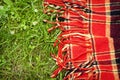 Checkered plaid for picnic on green grass. Royalty Free Stock Photo