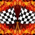 Checkered racing flag on fire