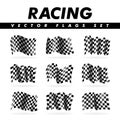 Checkered racing flags set. Modern illustration. Wavy black and white flags Royalty Free Stock Photo