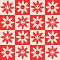 Checkered red and white smiley flowers seamless pattern