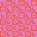 Checkered retro flowers with ying and yang signs seamless pattern in pink and orange Royalty Free Stock Photo