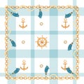 Checkered seamless pattern with golden chains, anchor, ship wheel, tassels and rope. Royalty Free Stock Photo