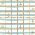 Checkered seamless pattern with golden chains, ship wheel and anchor. Royalty Free Stock Photo