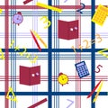 Checkered seamless pattern with school supplies