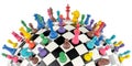 Checkered sphere as chess board with colored chess pieces. 3D rendering Royalty Free Stock Photo