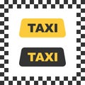 Checkered taxi icon. Isolated cab vehicle symbol. Yellow taxi car service with black square as background. Vector EPS 10