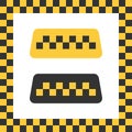 Checkered taxi icon. Isolated cab vehicle symbol. Yellow taxi car service with colored square as background. Vector EPS 10