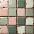Checkered tiled wall surface. Pink green, white colors tiles create mosaic pattern. Rustic, retro design ceramic tile with grunge Royalty Free Stock Photo