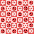 Checkered white flowers and red smiley faces seamless pattern