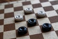 Checkers in checkerboard ready for playing. Game concept. Board game. Hobby. checkers on the playing field for a game. Royalty Free Stock Photo