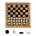 Checkers game watercolor illustration with wooden chess board. Hand drawn brown and black desk for intellectual game Royalty Free Stock Photo