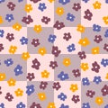 Checkers seamless pattern with abstract flowers in 1970s style. Colorful background for T-shirt, poster, card and print.