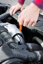 Checking Car Engine Oil Level Under Hood With Dipstick