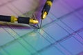 Manual probe system with needles for test of semiconductor on silicon wafer. Selective focus. Royalty Free Stock Photo