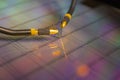 Manual probe system with needles for test of semiconductor on silicon wafer. Selective focus Royalty Free Stock Photo
