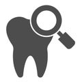 Checking teeth solid icon. Diagnostics or examation, tooth and magnifier symbol, glyph style pictogram on white Royalty Free Stock Photo
