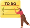 Checking on to do list. Businesswoman notes completed tasks in application puts marks in schedule